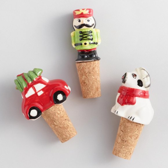 🎄NWT World Market Christmas Holiday Wine Stoppers Set/3 Bar Gift Pug Nutcracker - Picture 1 of 2